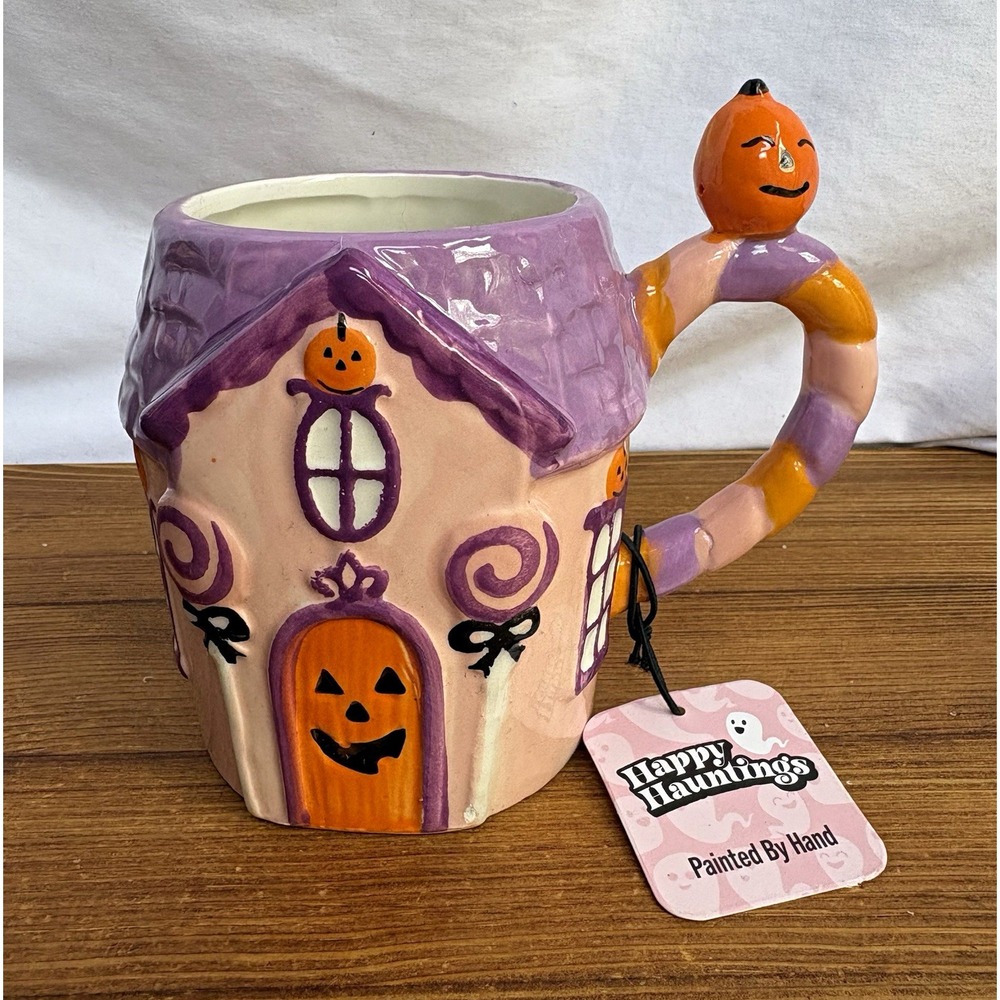 Happy Hauntings Hand Painted Haunted House Halloween Ghosts Mug 14 fl oz Ceramic